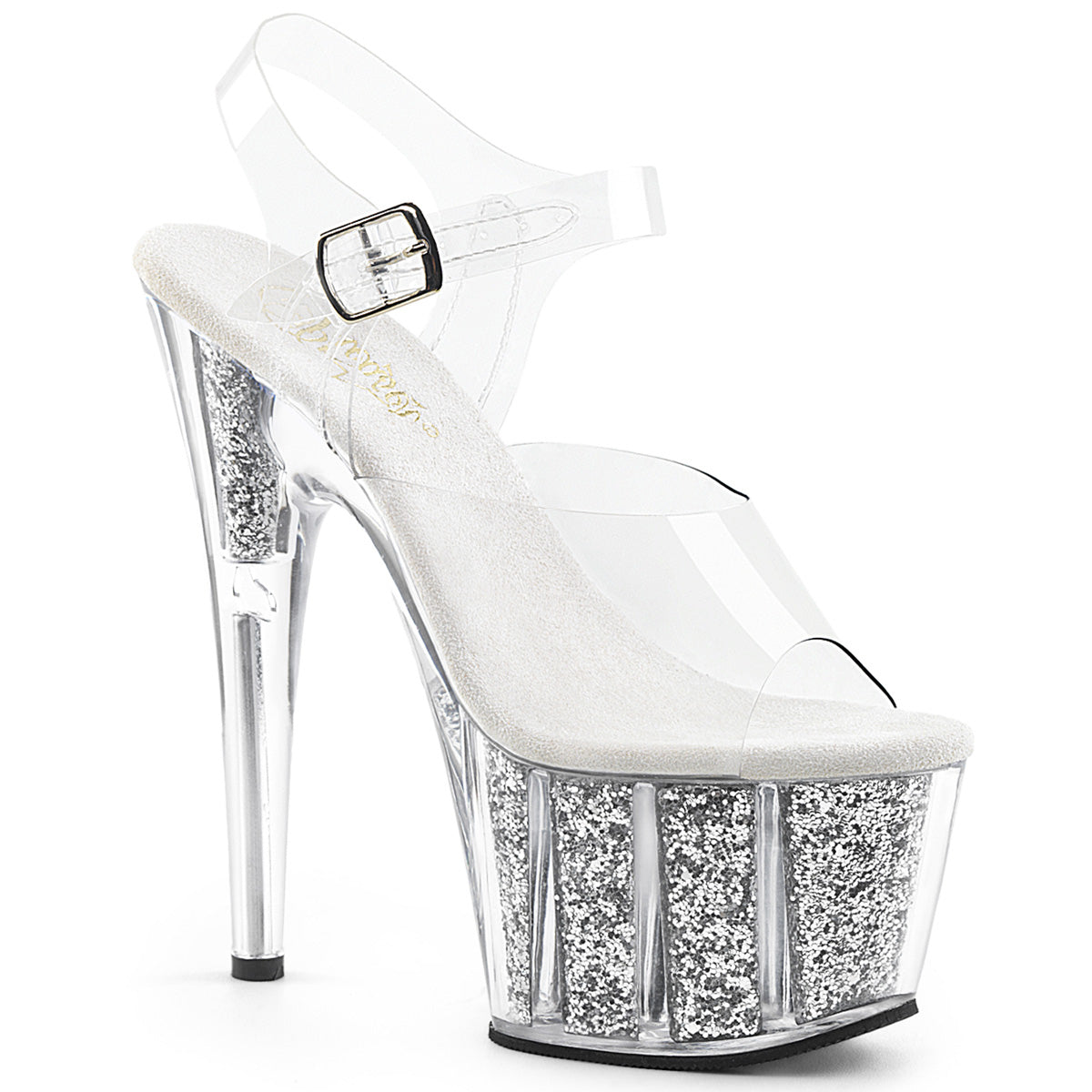 ADORE-708G Clear & Black Ankle Peep Toe High Heel Clear & Silver Multi view 1