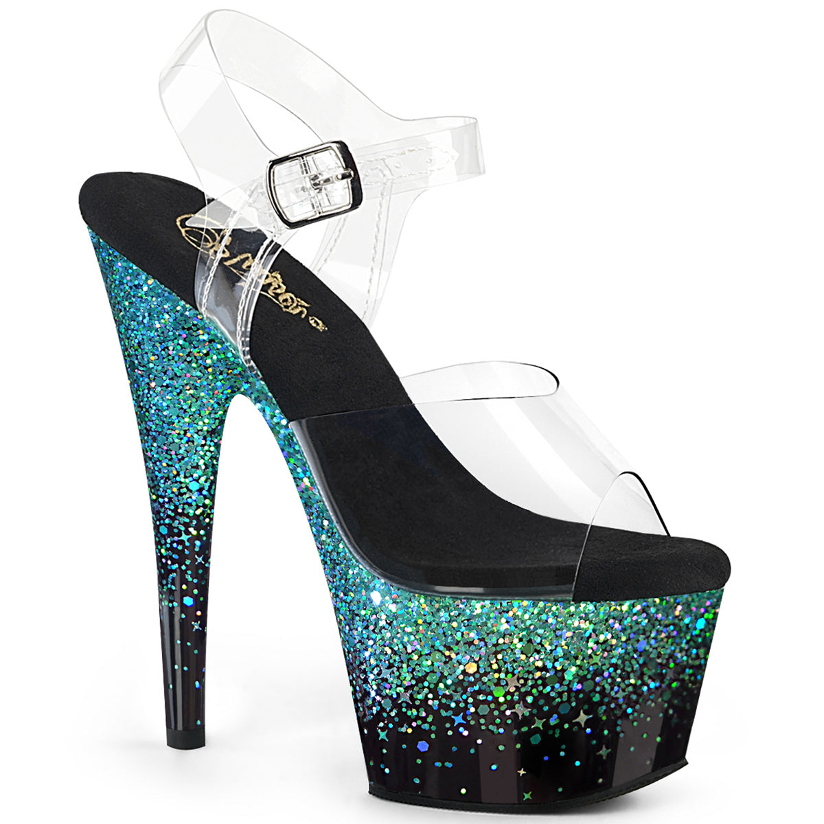 ADORE-708SS Black & Blue Ankle Peep Toe High Heel Green & Clear Multi view 1