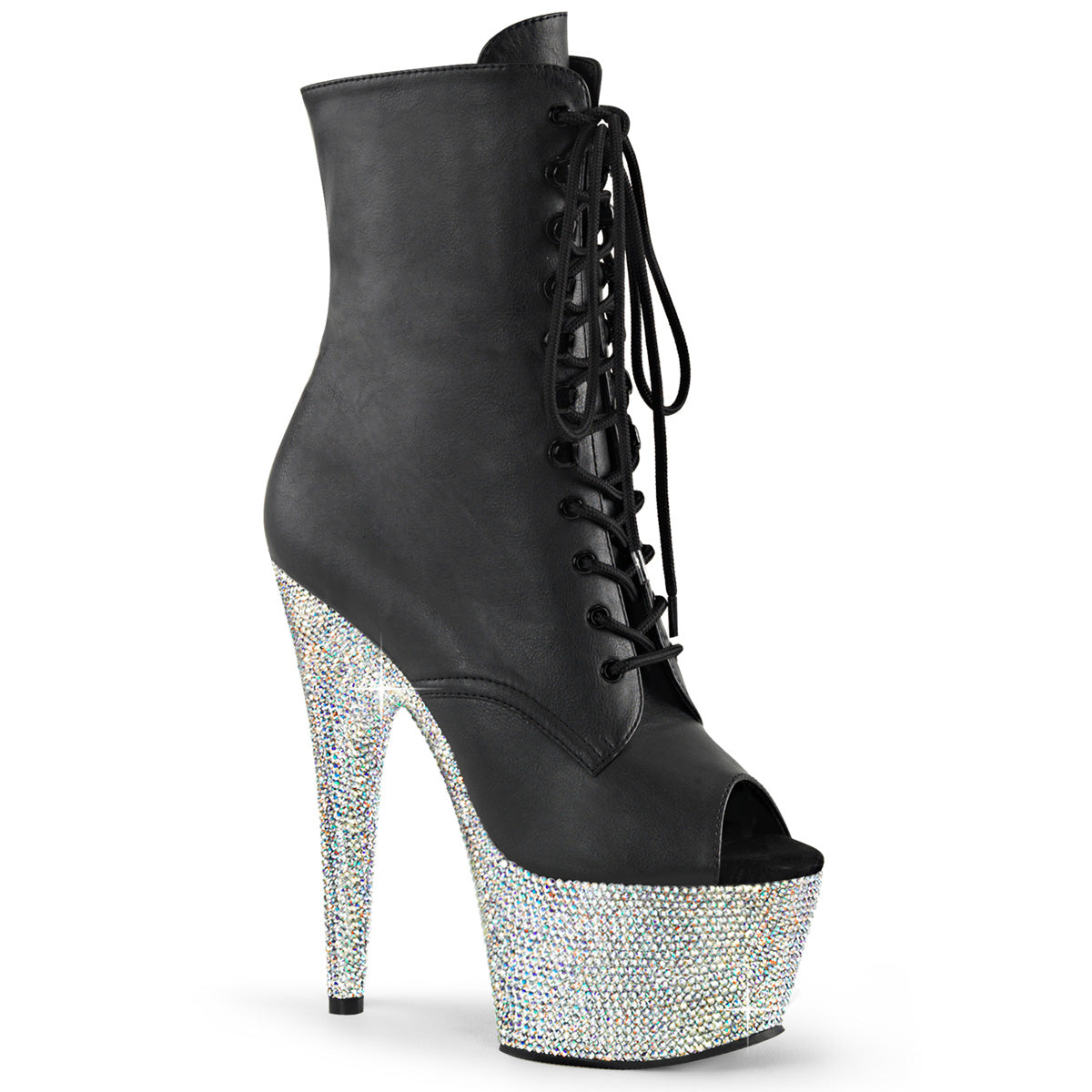 BEJEWELED-1021-7 Black & Silver Calf High Peep Toe Boots Black & Silver Multi view 1