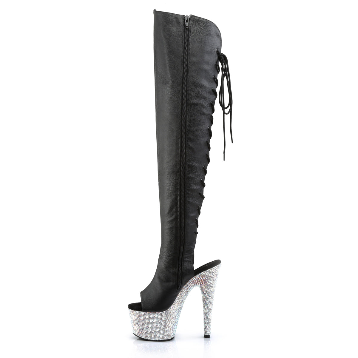 BEJEWELED-3019DM-7 Silver & Black Thigh High Peep Toe Boots
