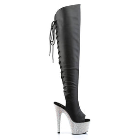 BEJEWELED-3019DM-7 Silver & Black Thigh High Peep Toe Boots