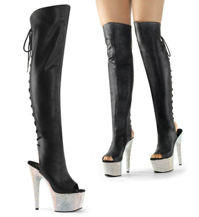 BEJEWELED-3019DM-7 Silver & Black Thigh High Peep Toe Boots