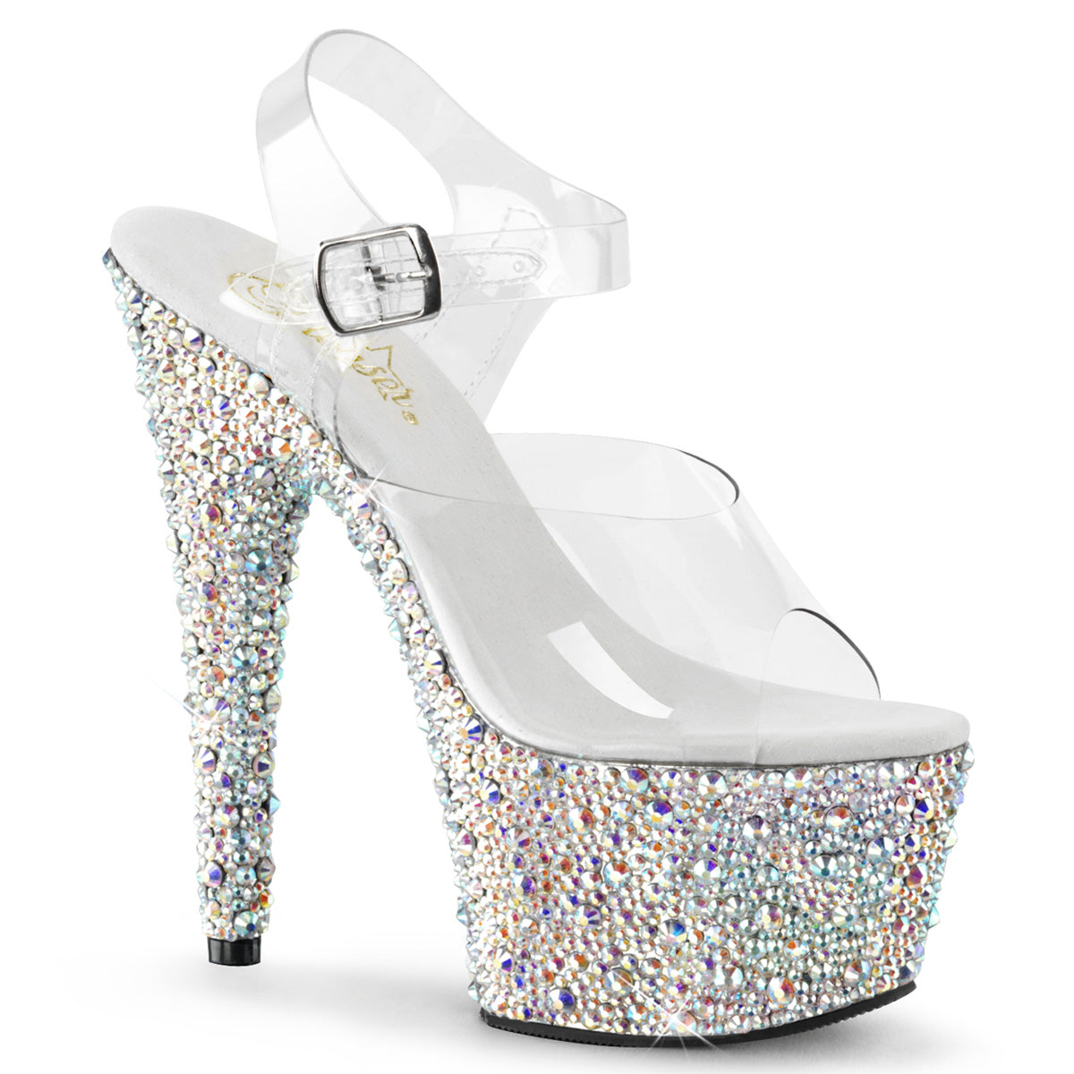 BEJEWELED-708MS Clear & Silver Ankle Peep Toe High Heel