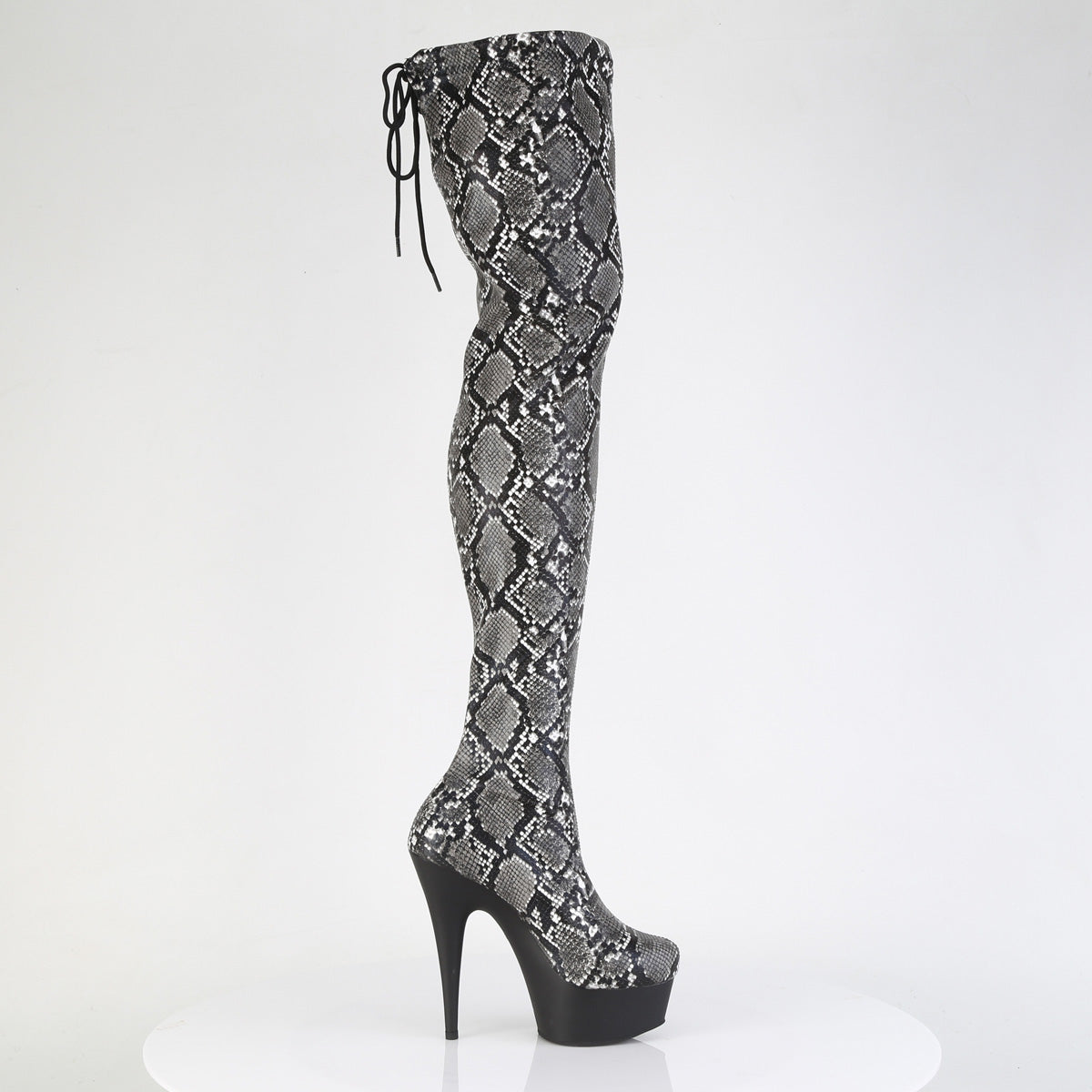 DELIGHT-3008SP-BT Snake Stretch Print Pull-On Thigh Boot Black & Grey Multi view 2