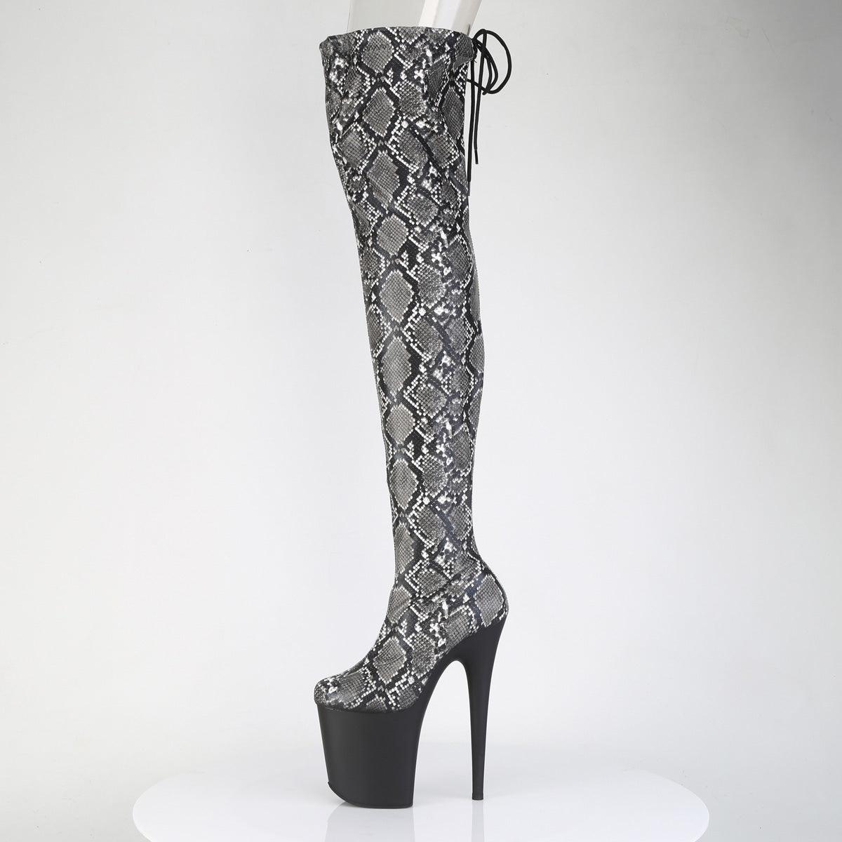 FLAMINGO-3008SP-BT Stretch Snake Print Pull-On Thigh Boot Black & Grey Multi view 4