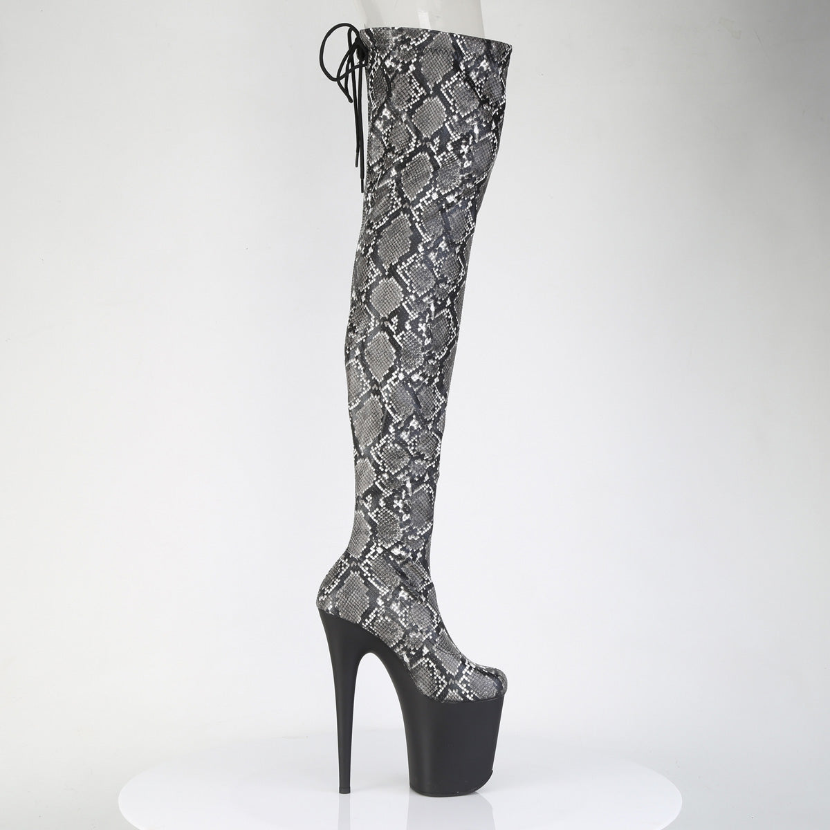 FLAMINGO-3008SP-BT Stretch Snake Print Pull-On Thigh Boot Black & Grey Multi view 2