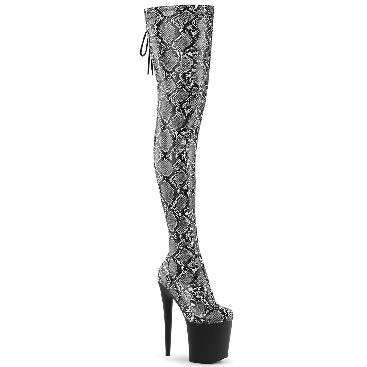 FLAMINGO-3008SP-BT Stretch Snake Print Pull-On Thigh Boot Black & Grey Multi view 1
