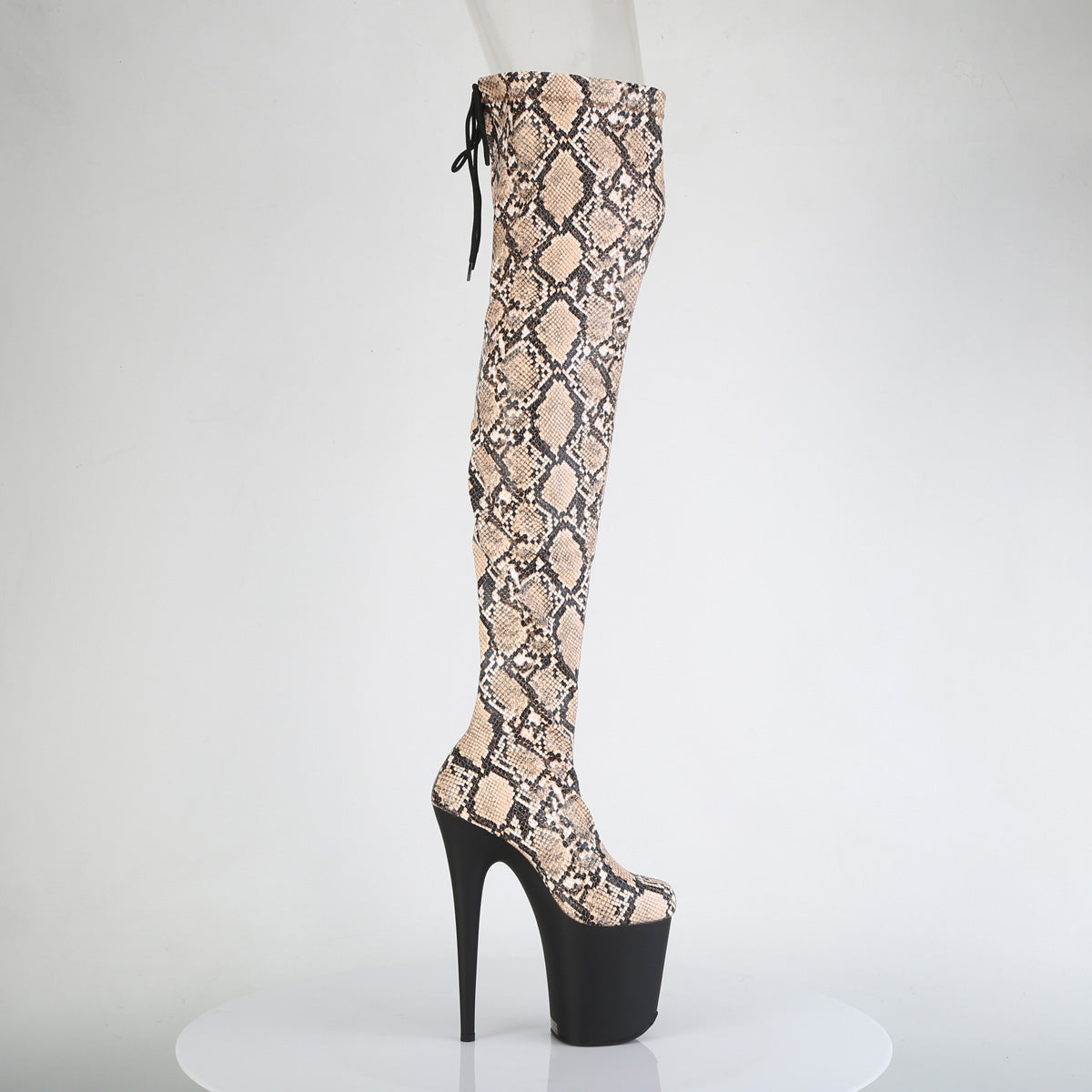 FLAMINGO-3008SP-BT Stretch Snake Print Pull-On Thigh Boot Nude & Brown Multi view 2