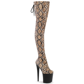 FLAMINGO-3008SP-BT Stretch Snake Print Pull-On Thigh Boot Nude & Brown Multi view 1