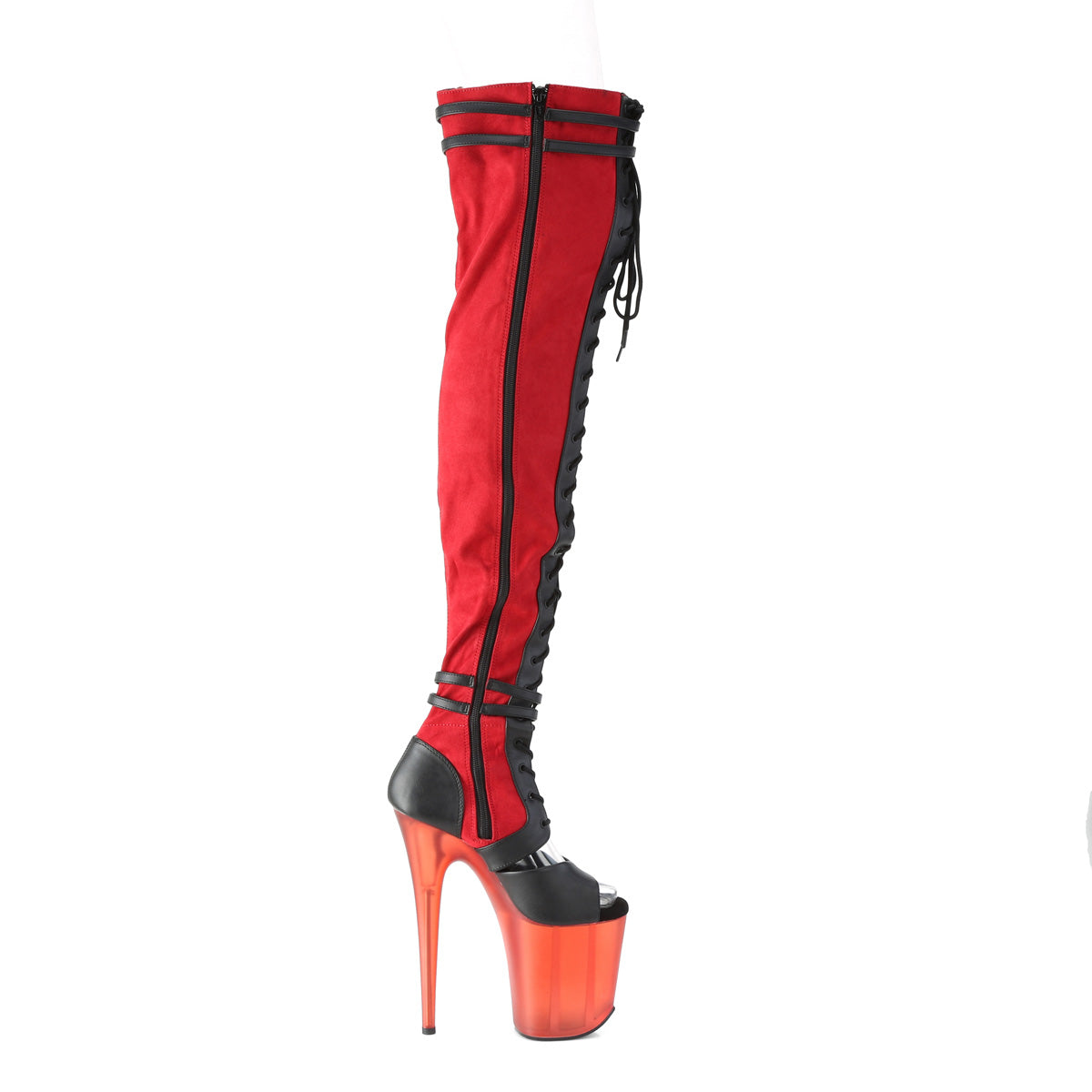 FLAMINGO-3027 Black & Red Thigh High Peep Toe Boots