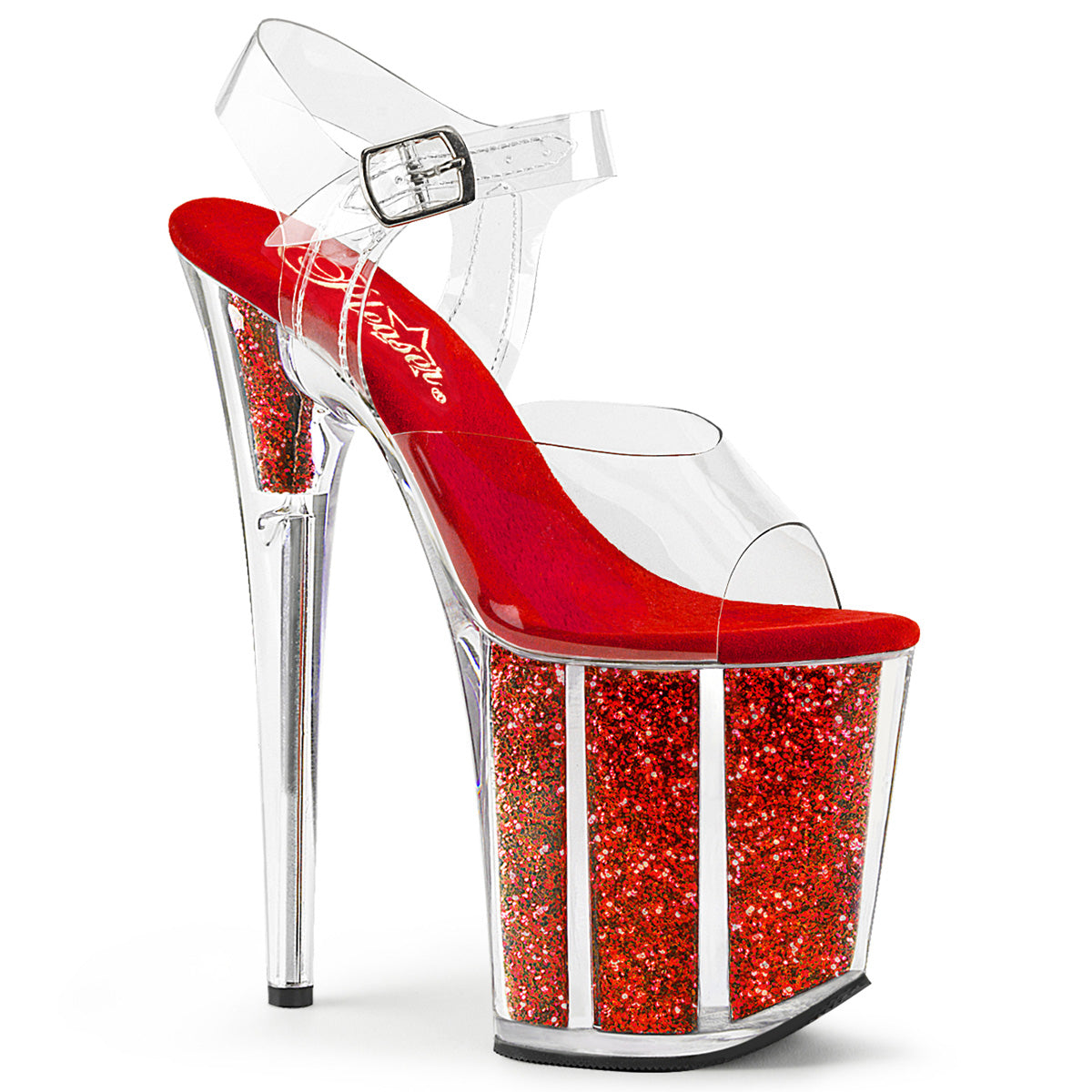 FLAMINGO-808G Ankle Peep Toe High Heel Red & Clear Multi view 1