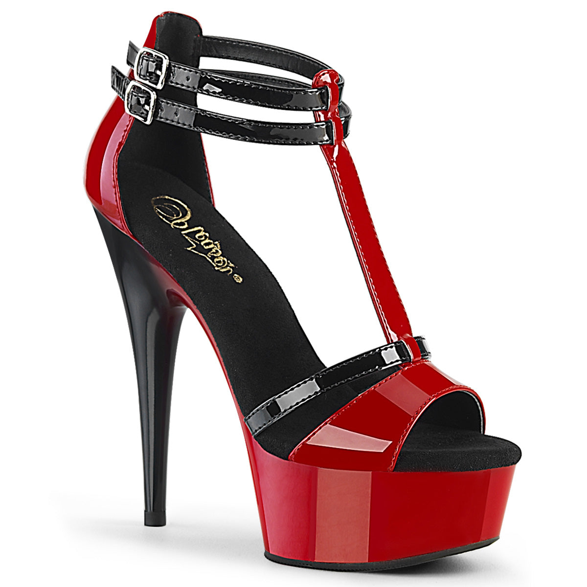 DELIGHT-663 Black & Red Ankle T-Strap High Heel