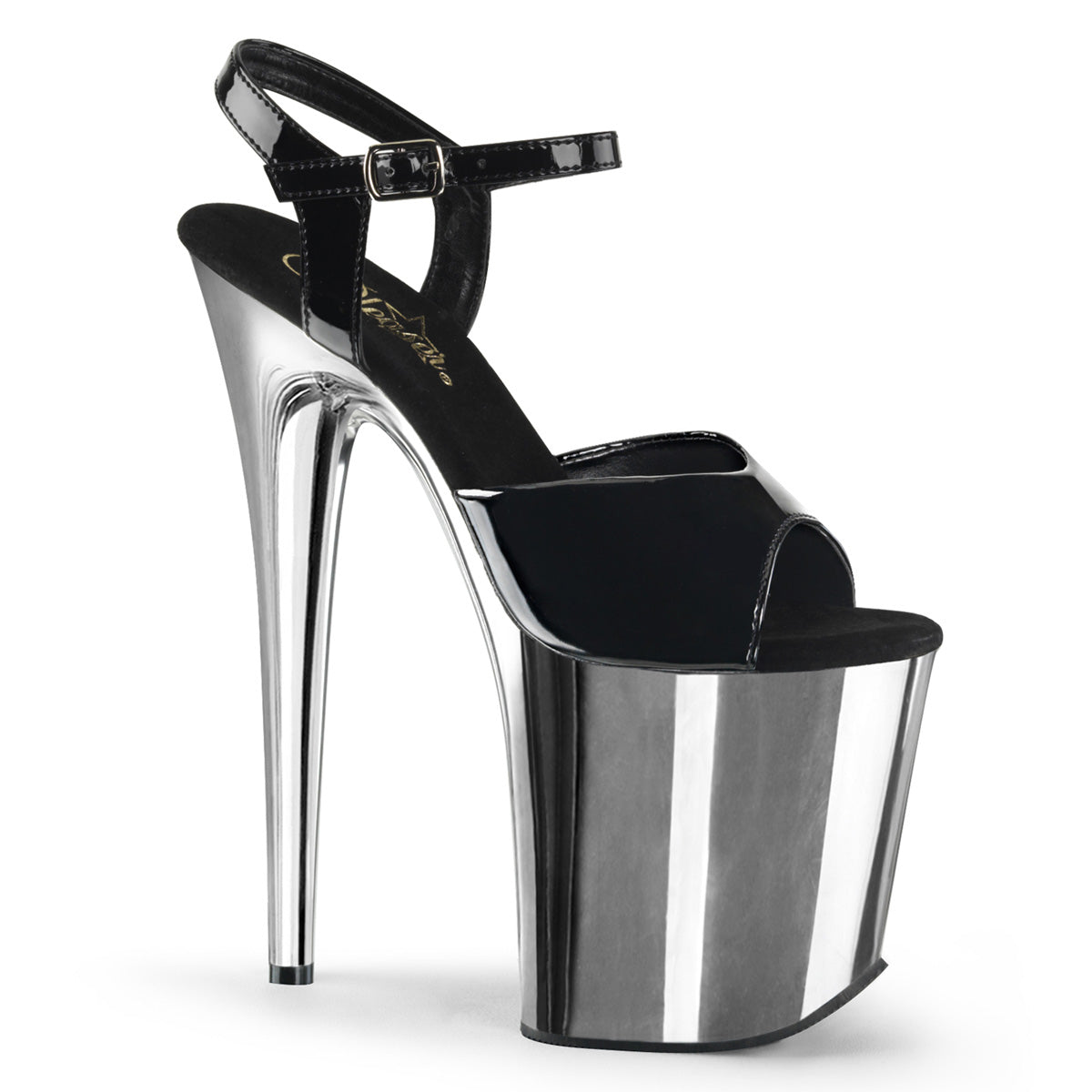 FLAMINGO-809 Black & Silver Ankle Peep Toe High Heel
