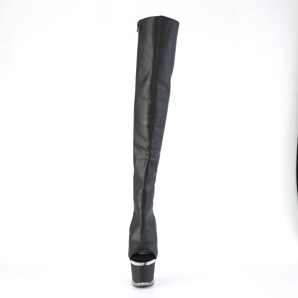 SPECTATOR-3019 Black & Clear Thigh High Peep Toe Boots