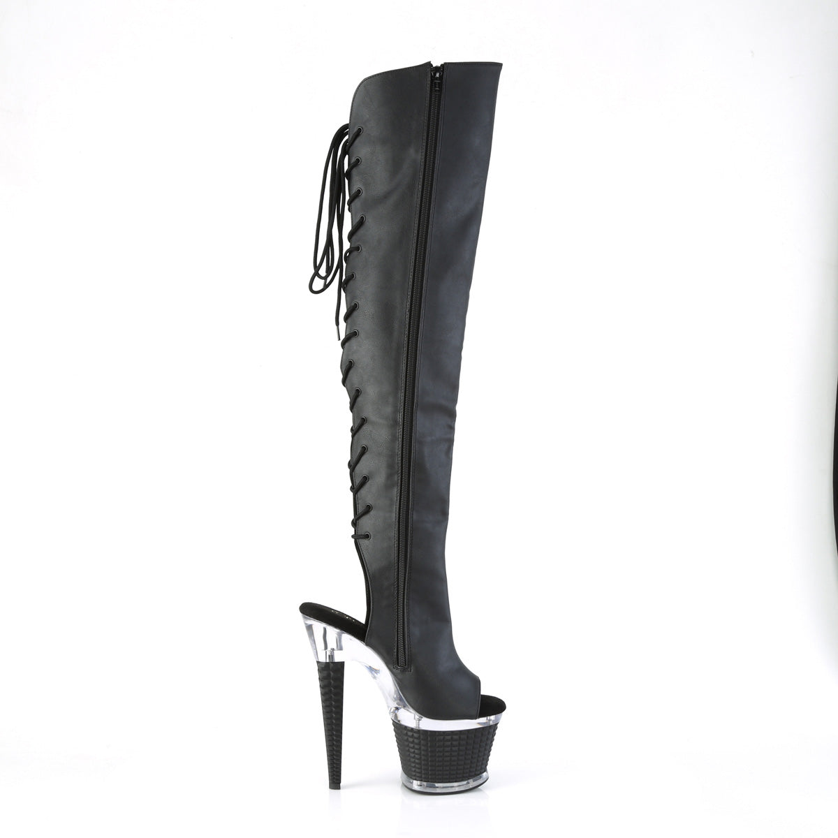 SPECTATOR-3019 Black & Clear Thigh High Peep Toe Boots
